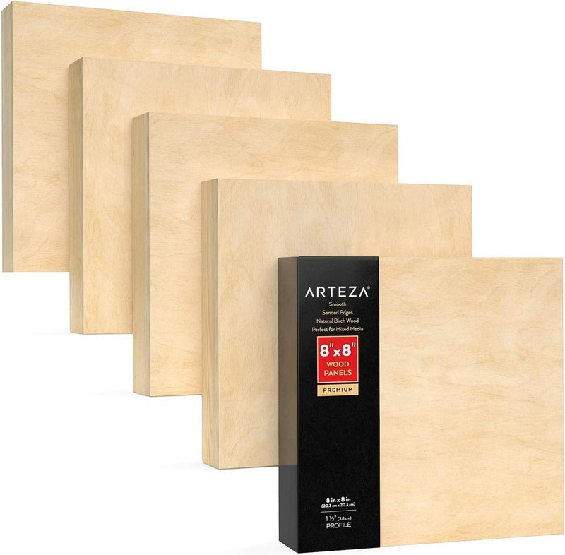 ARTEZA Wood Canvas Boards, 8 x 8 Inches, Pack of 5, Birch Wood, Wooden Panels for Acrylic and Oil Painting, Wood Burning, Crafting - Image 2